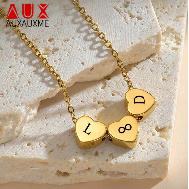 Auxaux custom capital letters stainless steel heart necklaces for women jewelry gift with three heart laser engraved pendant