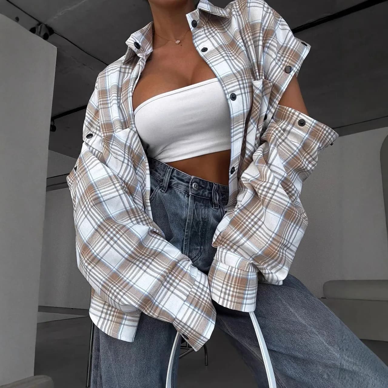 Camicette Larghe a Quadri da Donna Primavera Estate 2026, T-Shirt Oversize Stile Y2K, Top Americano con Maniche Staccabili, Camicia Vintage Femminile