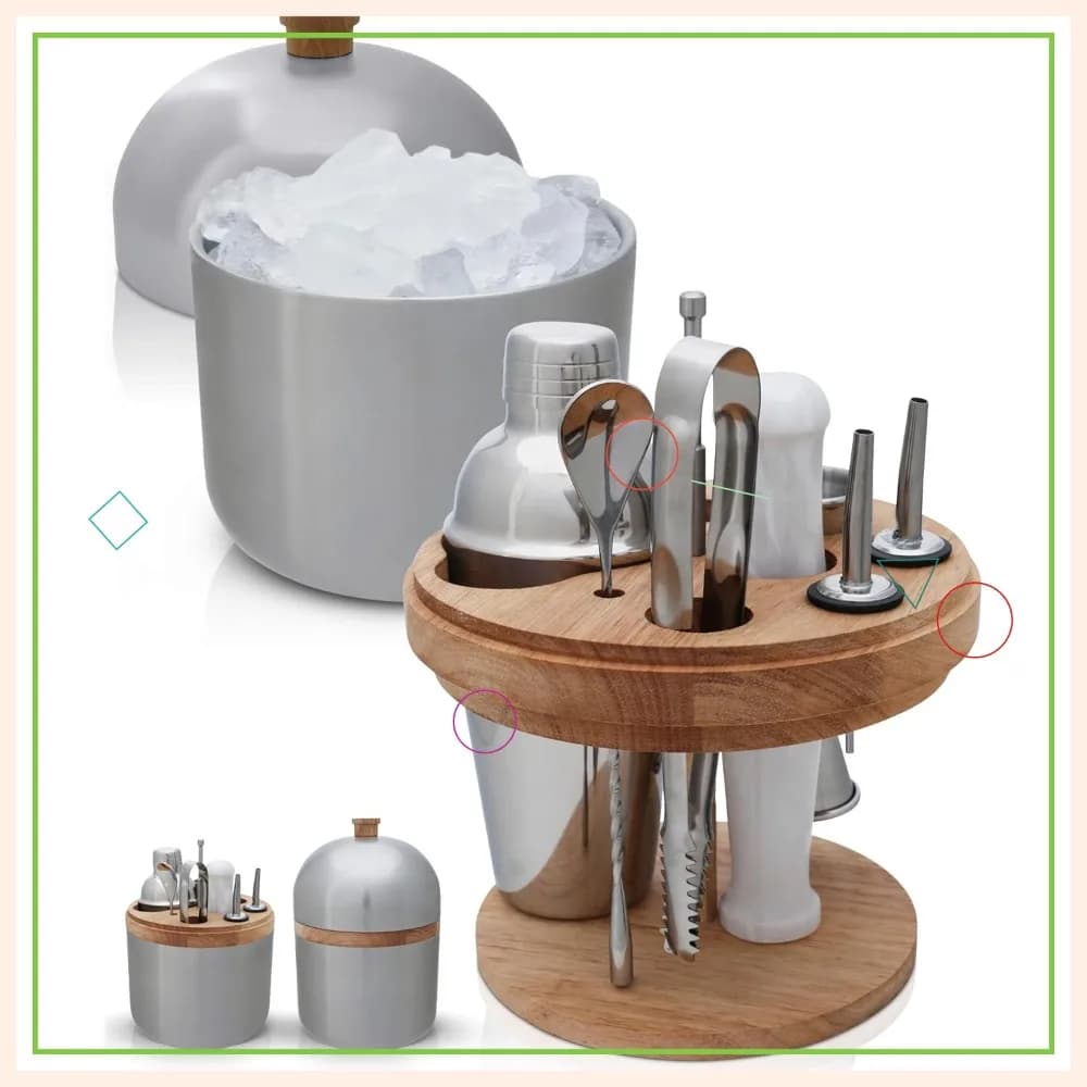 Set Completo per Cocktail con Secchiello per Ghiaccio in Acciaio Inox, Organizzatore in Legno, Shaker, Jigger, Muddler e Altro - Perfetto per Bar Domestici