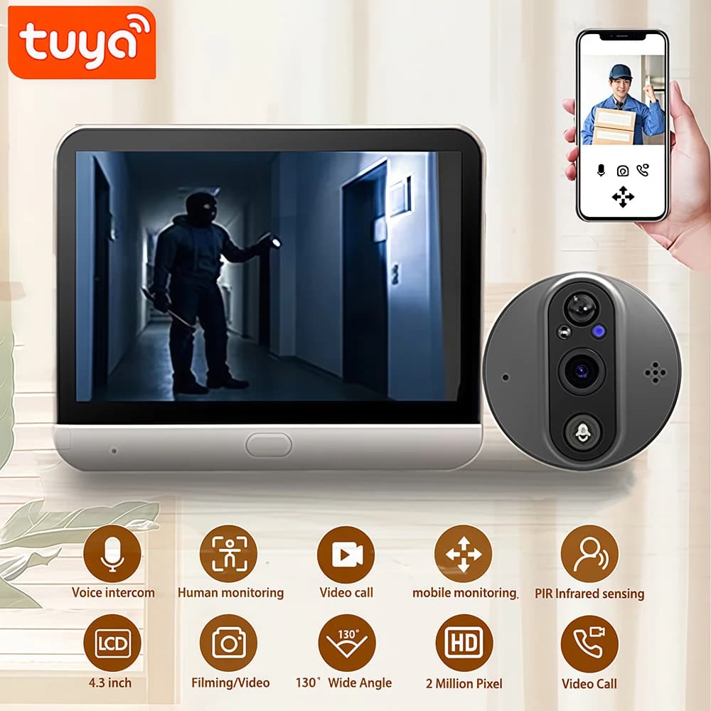 Tuya Spioncino Campanello Telecamera 3MP Sicurezza Smart Home 4.3 Schermo IPS Notte PIR WiFi Telefono Campanello per porta digitale senza fili per la casa