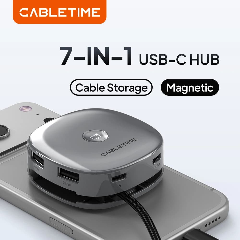 CABLETIME USB C Hub for MacBook Pro/iPhone 17 pro Magnetic Hub 7 in 1 4K@60Hz 5Gbps Data Transmission SD/TF 3.0 phone Hub