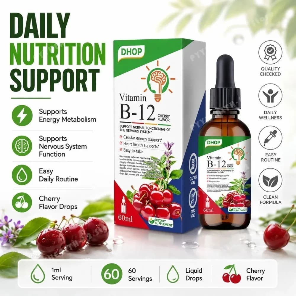 Vitamina B12 in Gocce Liquide Gusto Ciliegia 60ml Alta Potenza Supporto Energetico Quotidiano Assorbimento Rapido Integratore Alimentare Vegano Per Adulti