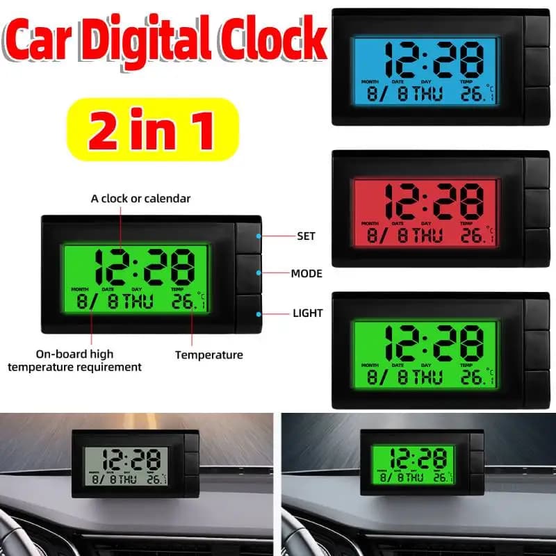 Orologio Elettronico Intelligente 2 in 1 per Auto con Display LCD, Termometro Digitale e Calendario per Componenti Veicoli