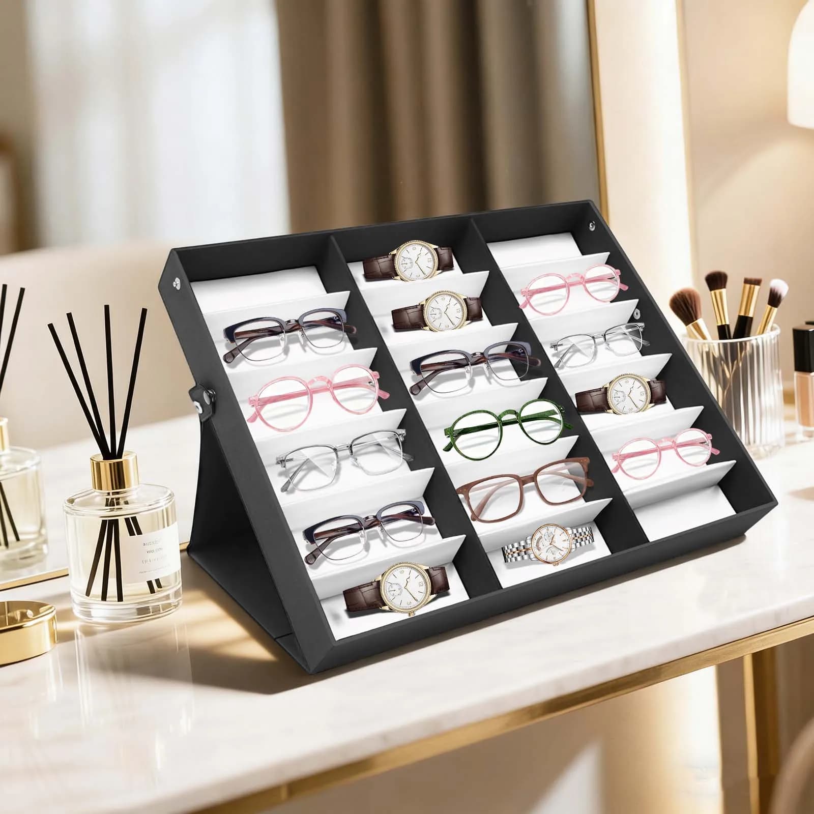 18 slot sunglasses organizer, sunglasses window, glasses case, window/bathroom for sunglasses support