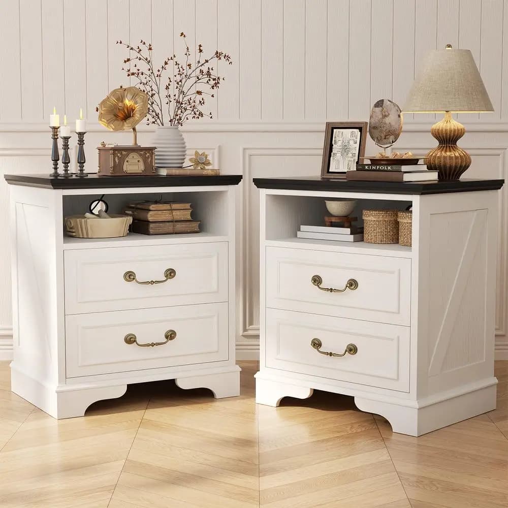 Set di 2 comodini in stile rustico, comodini con stazione di ricarica, tavolino da comodino con 2 ampi cassetti e maniglie vintage, da lato letto