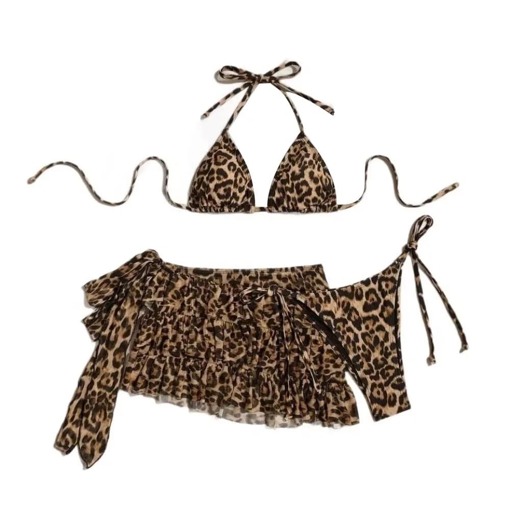 Nuovo Costume da Bagno Donna Stampa Leopardata Imbottito Push-Up Set Bikini 3 Pezzi per Vacanze al Mare