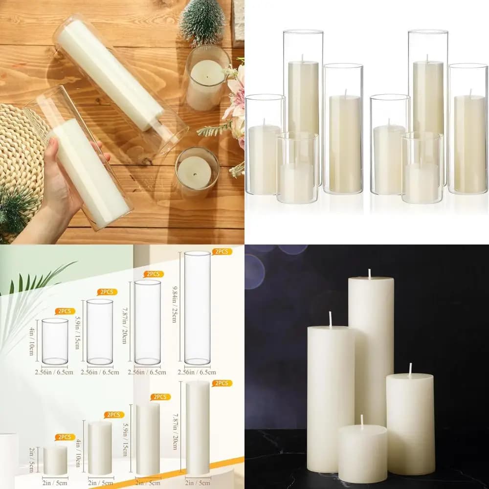 Set of 8 Ivory Column Candles with Transparent Glass Cylinder Vases, Decorative Centerpiece for House of Various Dimensions