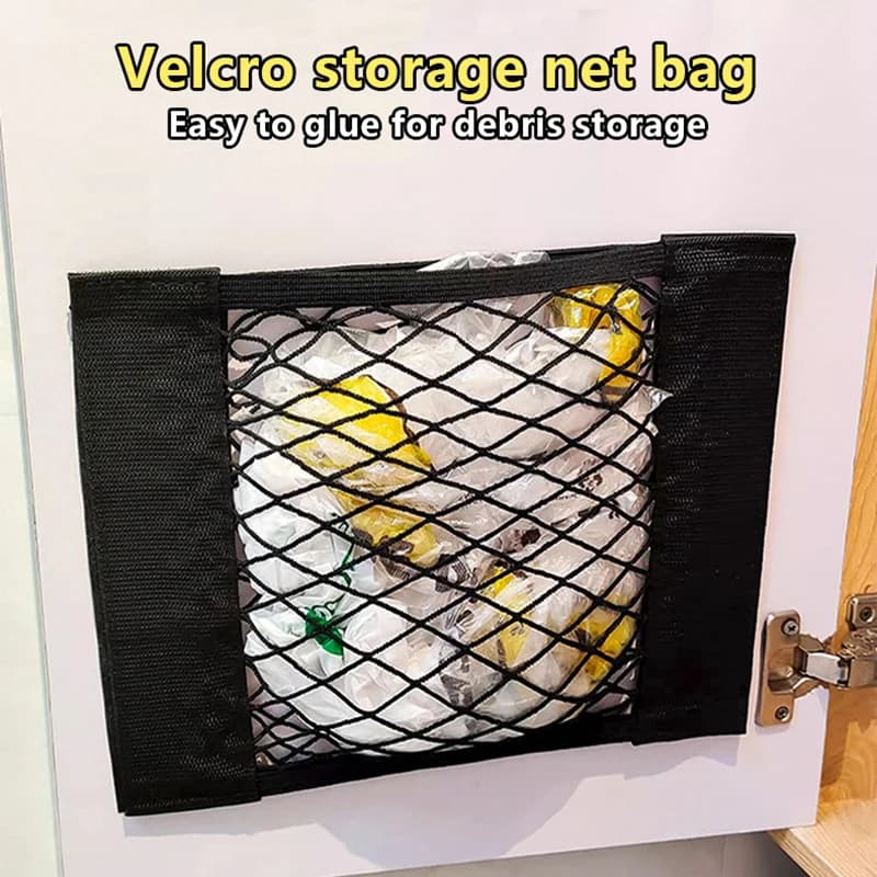 Tasca a rete per riporre la porta dell'armadio da cucina per la casa borsa per articoli vari adesiva tasca elastica per bagagliaio con nastro di fissaggio in Nylon Organizer per auto