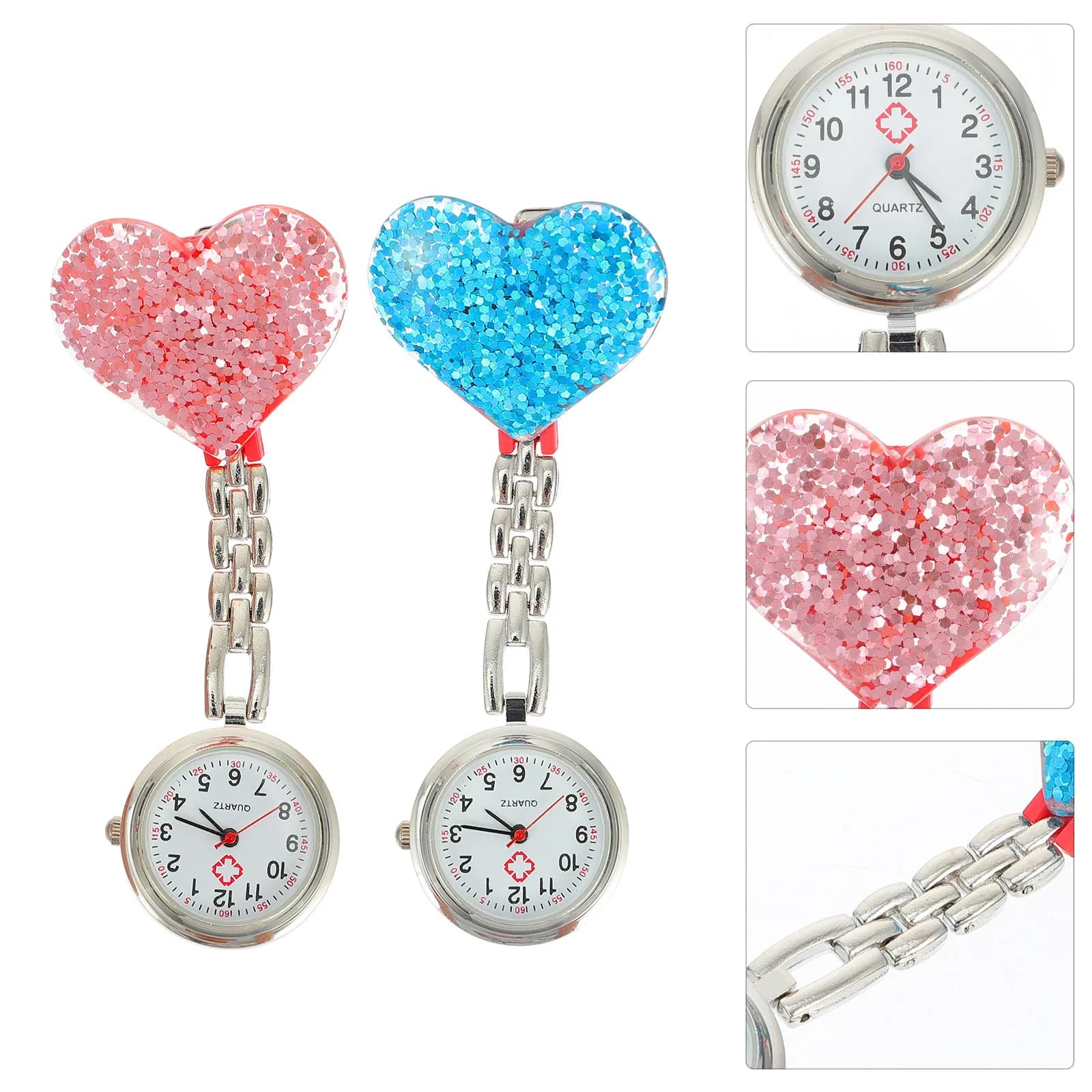 Orologio da infermiera con cristalli a forma di cuore, 2 pezzi, orologio da tasca con clip, da appendere, per donne, infermiere, medici, personale, alla moda ed elegante