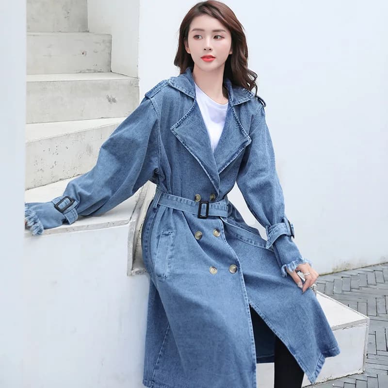 Trench Coat in Denim da Donna 2025, Cappotto Casual in Jeans a Doppio Petto con Cintura, Giacca Lunga Antivento, Modelli per Coppie
