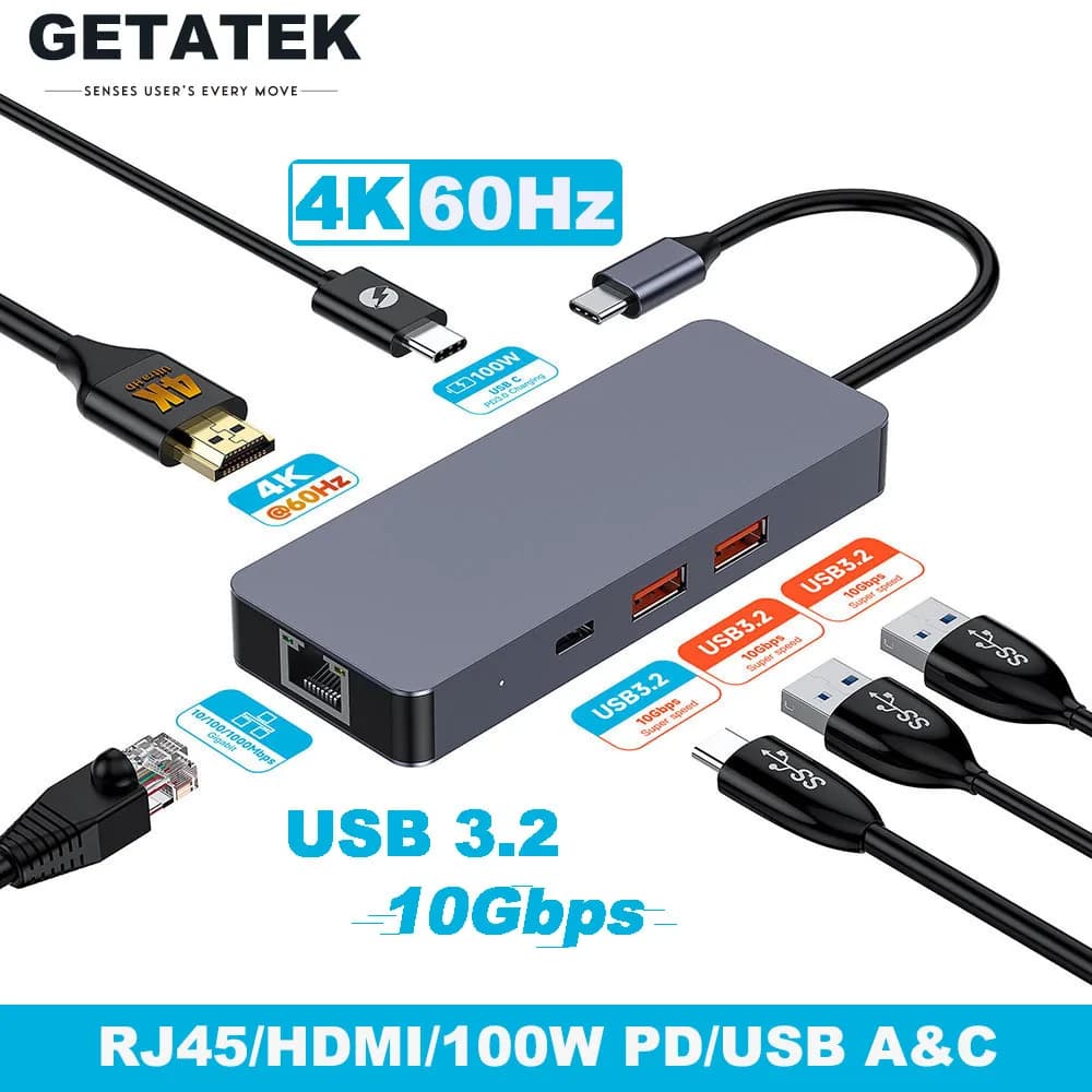 Getatek Hub USB C 6 in 1 4K 60Hz HDMI Tipo C a Ethernet USB C PD 100W Hub USB 3.2 di ricarica per MacBook/Lenovo iPhone 15 Pro Max