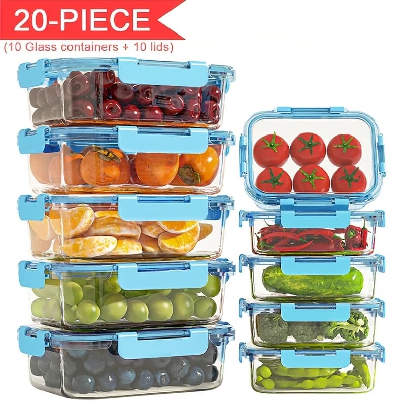 Set di 20 Contenitori in Vetro Impilabili (10 Coperchi + 10 Contenitori) - Multiuso per Preparazione Pasti e Dispensa Con coperchi ermetici, adatti al forno