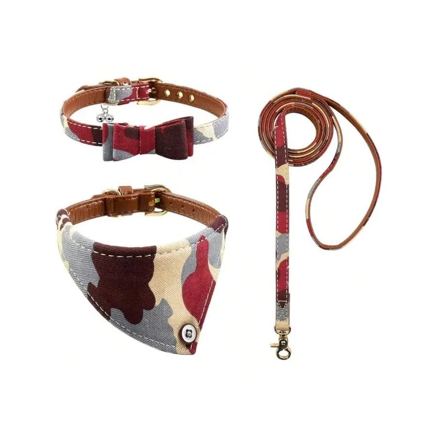 【New style】3PCS Bow Tie Dog Collar And Leash Set Plaid/Camo//Flower Dog Bandanas With Bell 3 Size Adjustable Small Dogs Puppies