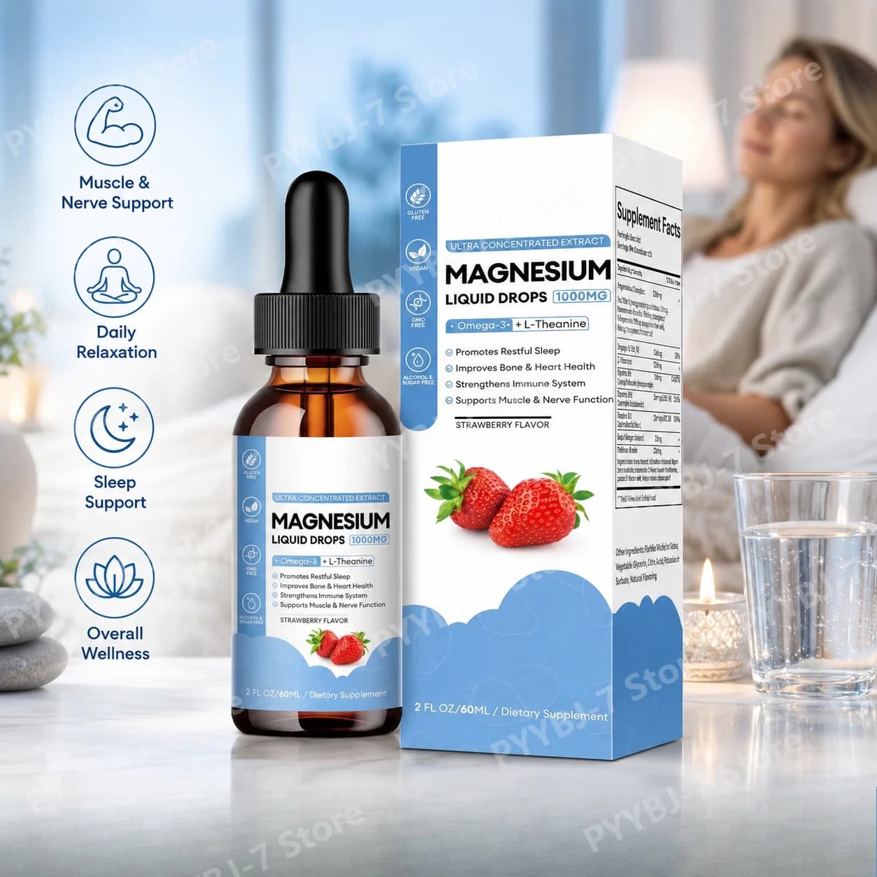 Liquid Magnesium Supplement Drops 1000mg Omega-3 ALA L-Theanine B6 B12 D3 Supports Muscle Immune A Restful Nightly Routine