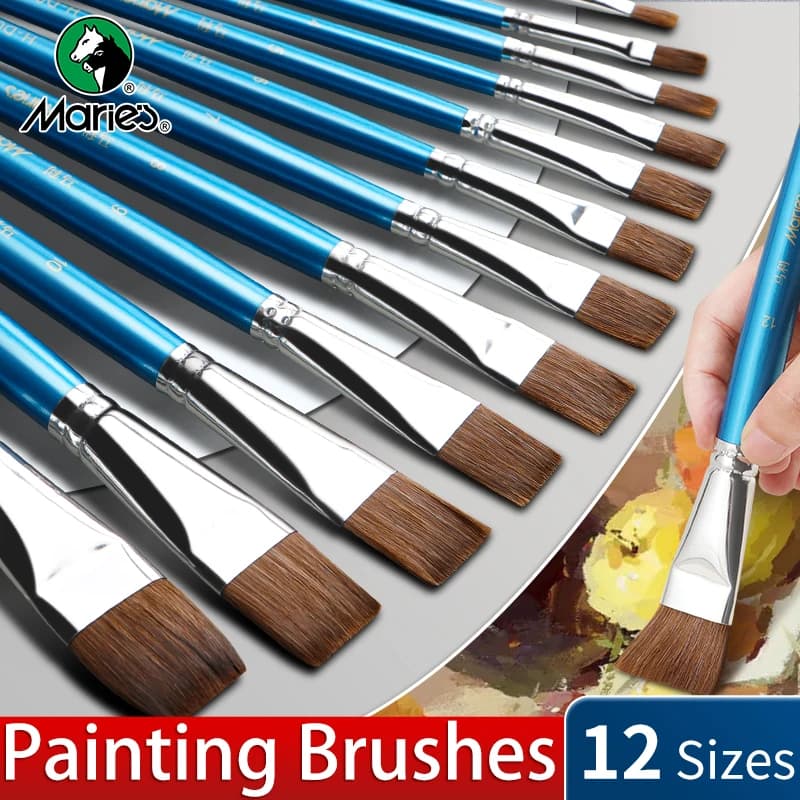 12-Piece Marie's Flat Paint Brush Set for Oil,Acrylic,Gouache,Crafts,Models,Eggs,Rocks,Canvas – Artist & Adult Use