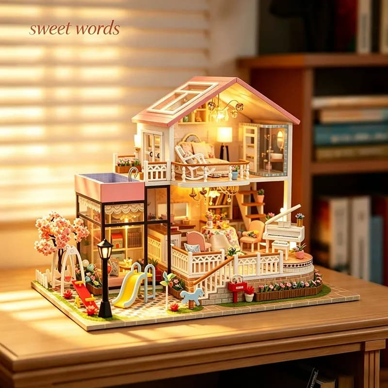 Wooden DIY Dollhouse Building Kit Miniature Doll House with LED Light 3D Handmade Craft Kit Home Decor Gift for Adult Decoration