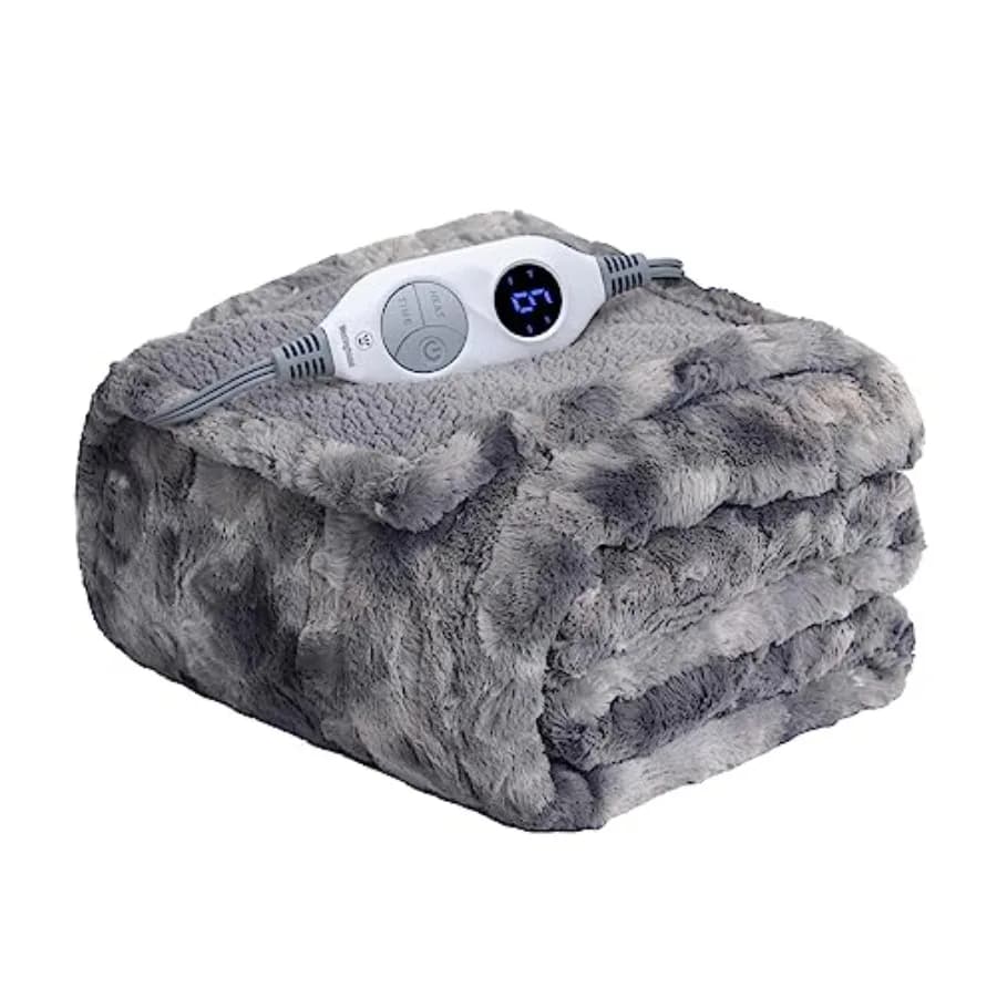 Coperta elettrica riscaldata in finta pelliccia con 6 livelli di riscaldamento e spegnimento automatico, morbida e accogliente, lavabile, 50" x 60", grigia