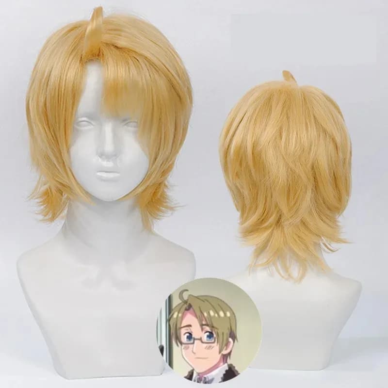 NewAPH Axis Powers Hetalia Alfred F Jones Cosplay Parrucche sintetiche corte dorate resistenti al calore + Parrucca gratuita Cap5;c,6's.2;b'8,