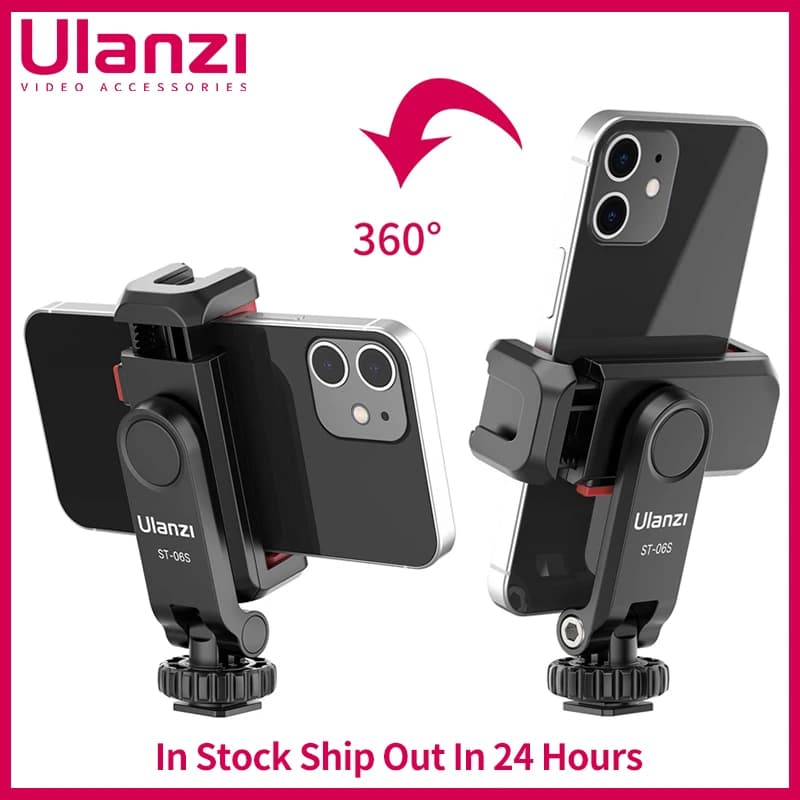 Ulanzi ST-06S Supporto per telefono Riprese verticali Supporto per treppiede per telefono con slitta fredda Morsetto per clip per telefono Vlog Video 360 ° Girevole