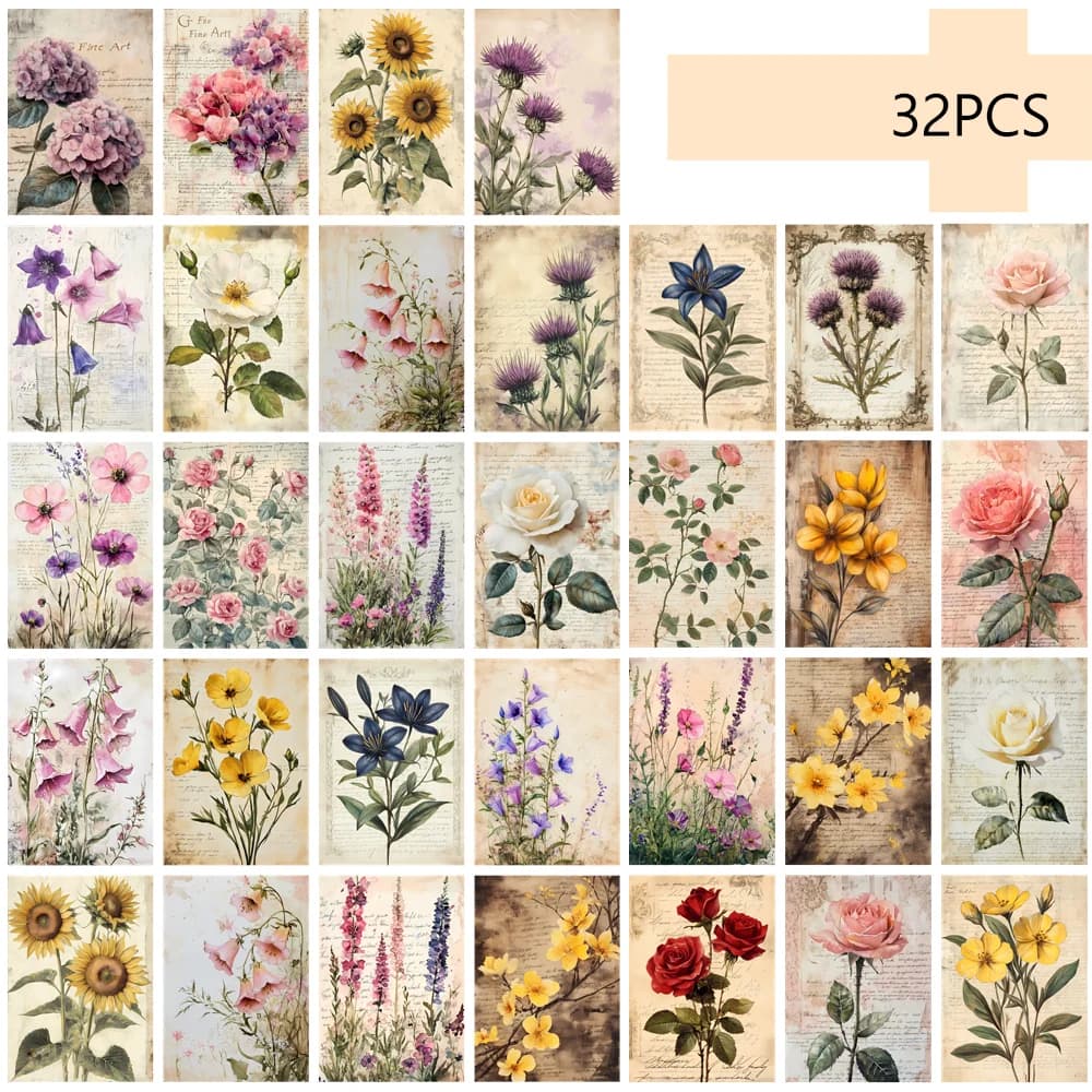 32 pezzi, cartolina floreale vintage, adesivo per la decorazione della stanza, materiale manuale, souvenir, da collezione e postabile