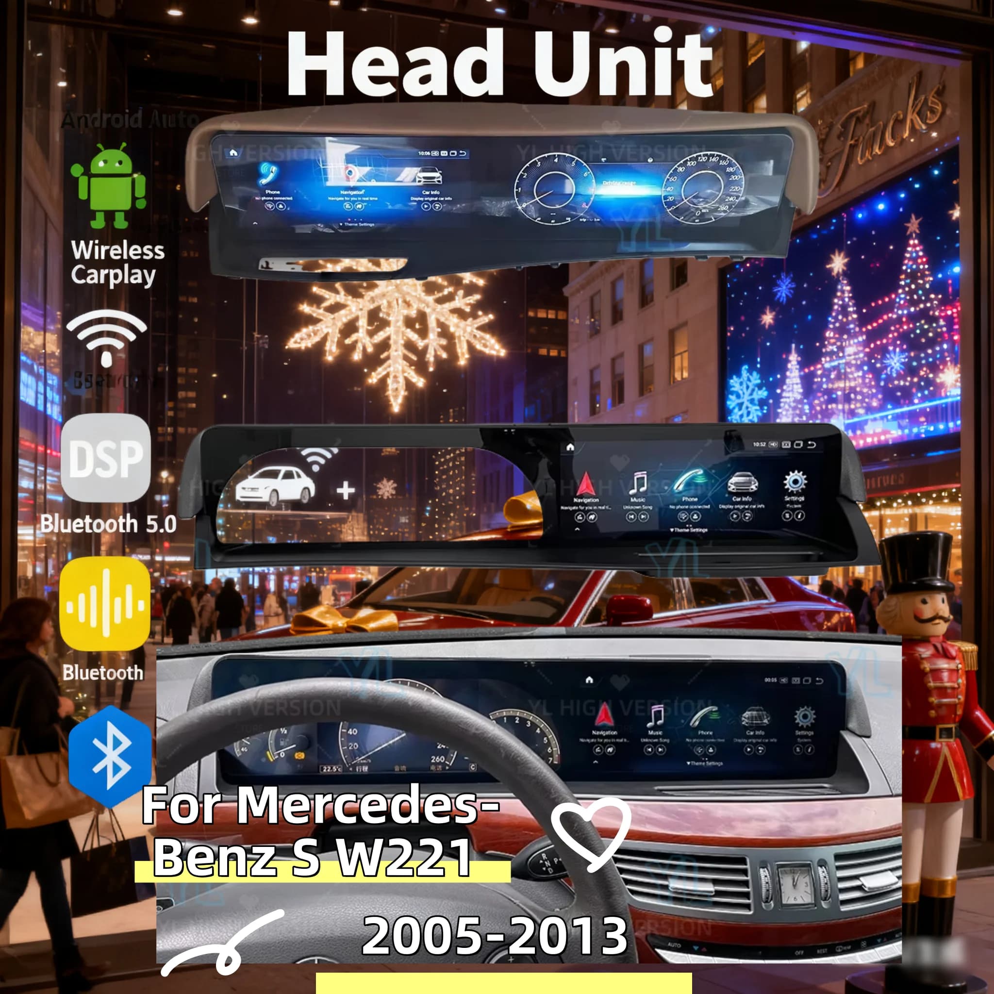 Dual 12.3" Touch Screen Android 14 For Mercedes-Benz S-Class W221/V221/W216 2005-2013 Wireless CarPlay & Android Auto Head Unit