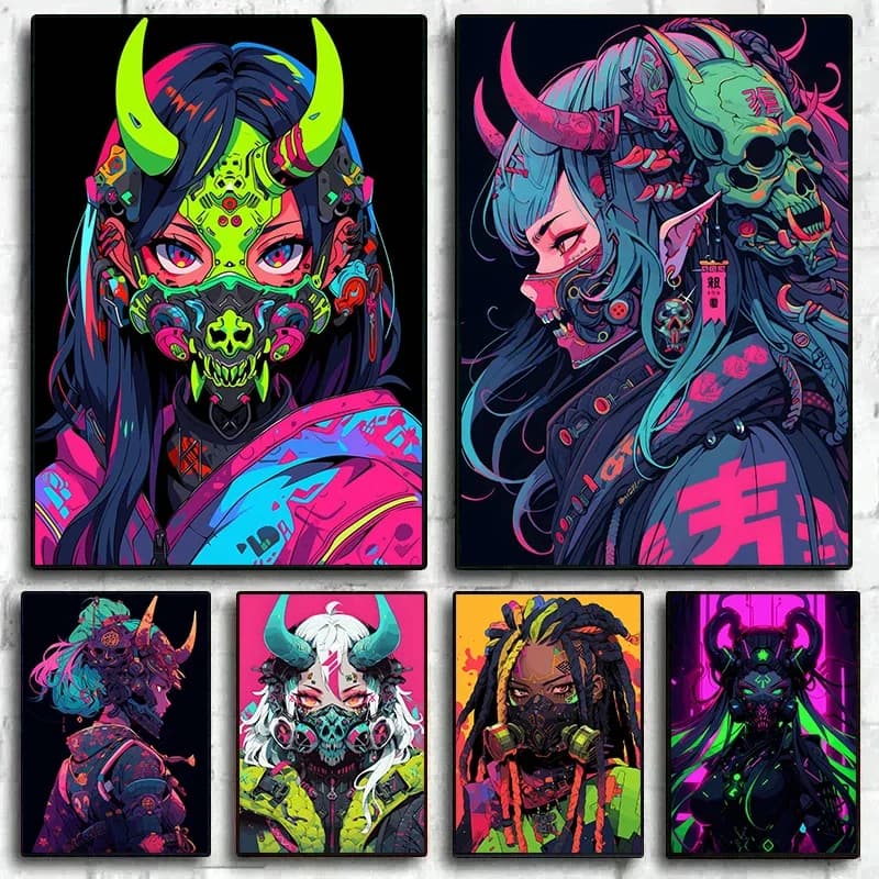 Poster Decorativo da Parete Ragazza Samurai Cyberpunk, Stile Anime Giapponese, Stampa Diamantata con Ritratto di Ragazza per Arredamento Casa e Stanza