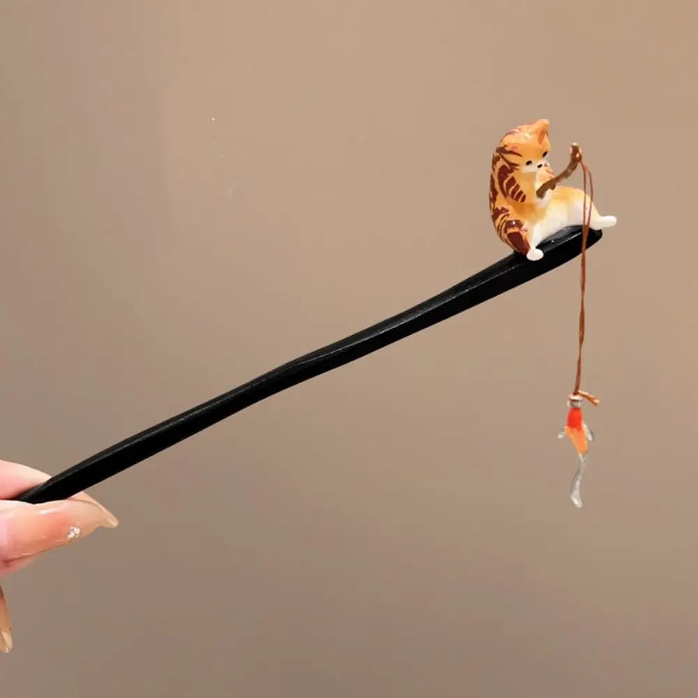 Bacchetta per capelli in legno antica con gatto e pesce, con nappa, stile cinese, forcina Hanfu, accessorio per capelli Hanfu per ragazza