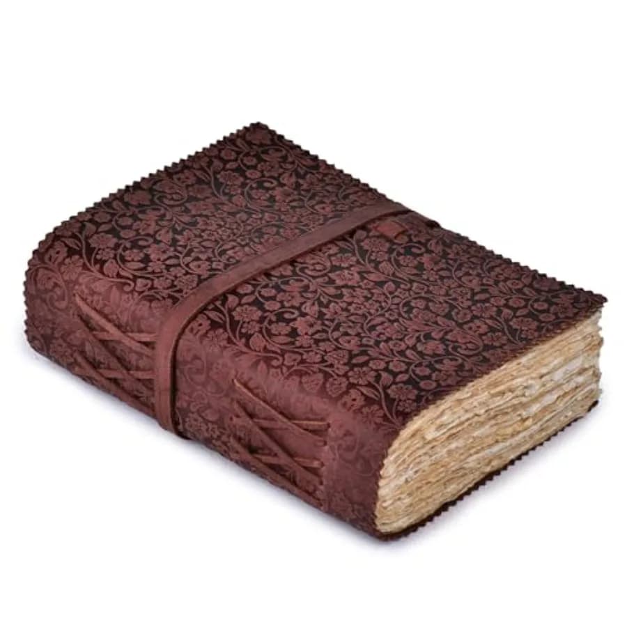 Leather Bound Floral Embossed Journal for Women Men - 200 Pages 13X8 Inch - Book of Shadows Vintage Blank Paper Travel Diary No