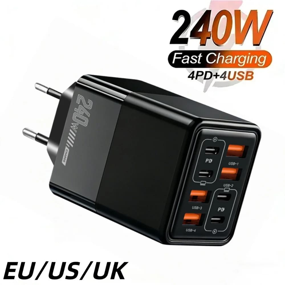 240W 8 in 1 Type C Charger Fast Charging Phone Charger Adapter For iPhone Samsung Xiaomi EU/US/UK Plug Quick Charge Wall Charger