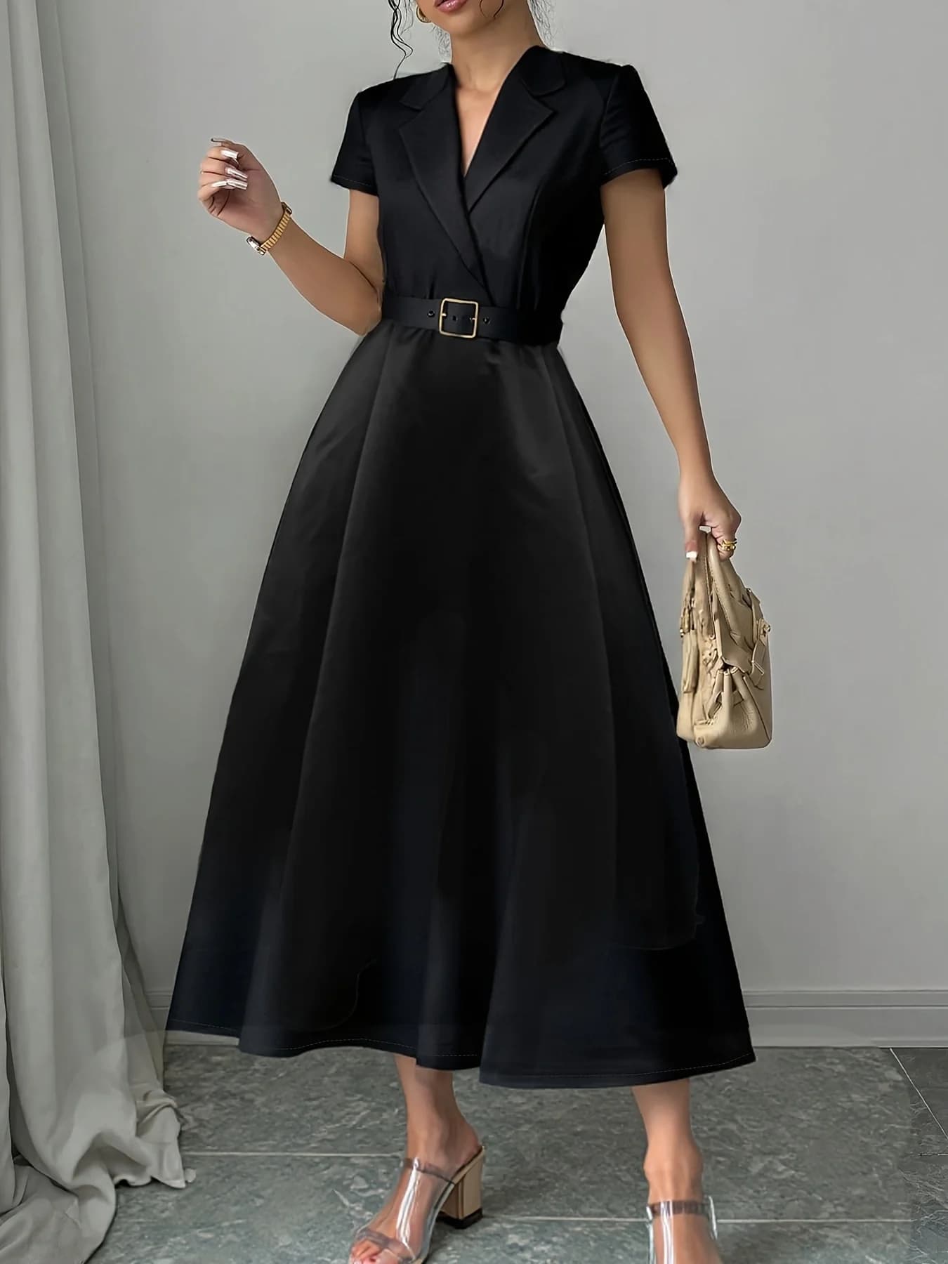 Elegante Abito in Raso da Donna, Vestito Lungo a Linea A con Maniche Corte per Ufficio, Casual o Festa, con Cintura