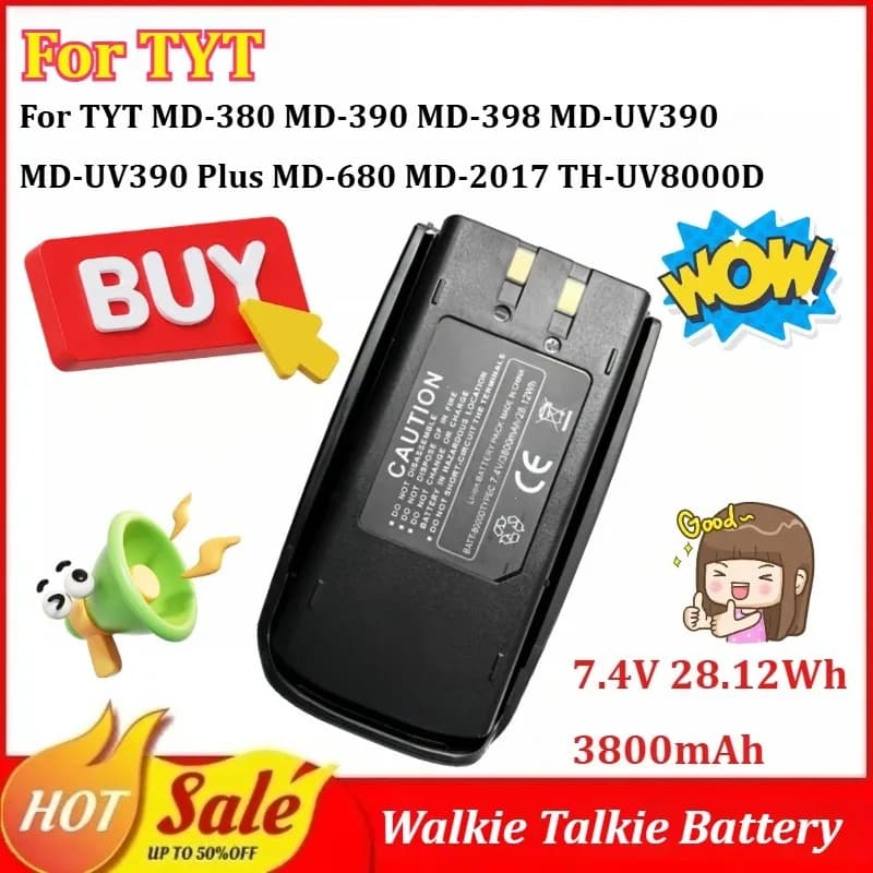Batteria per Walkie Talkie 7.4V 3800mAh per TYT TC-8000 MD-390 MD-UV390 Plus MD-680 MD-358 TH-UV8200 con Porta Type-C