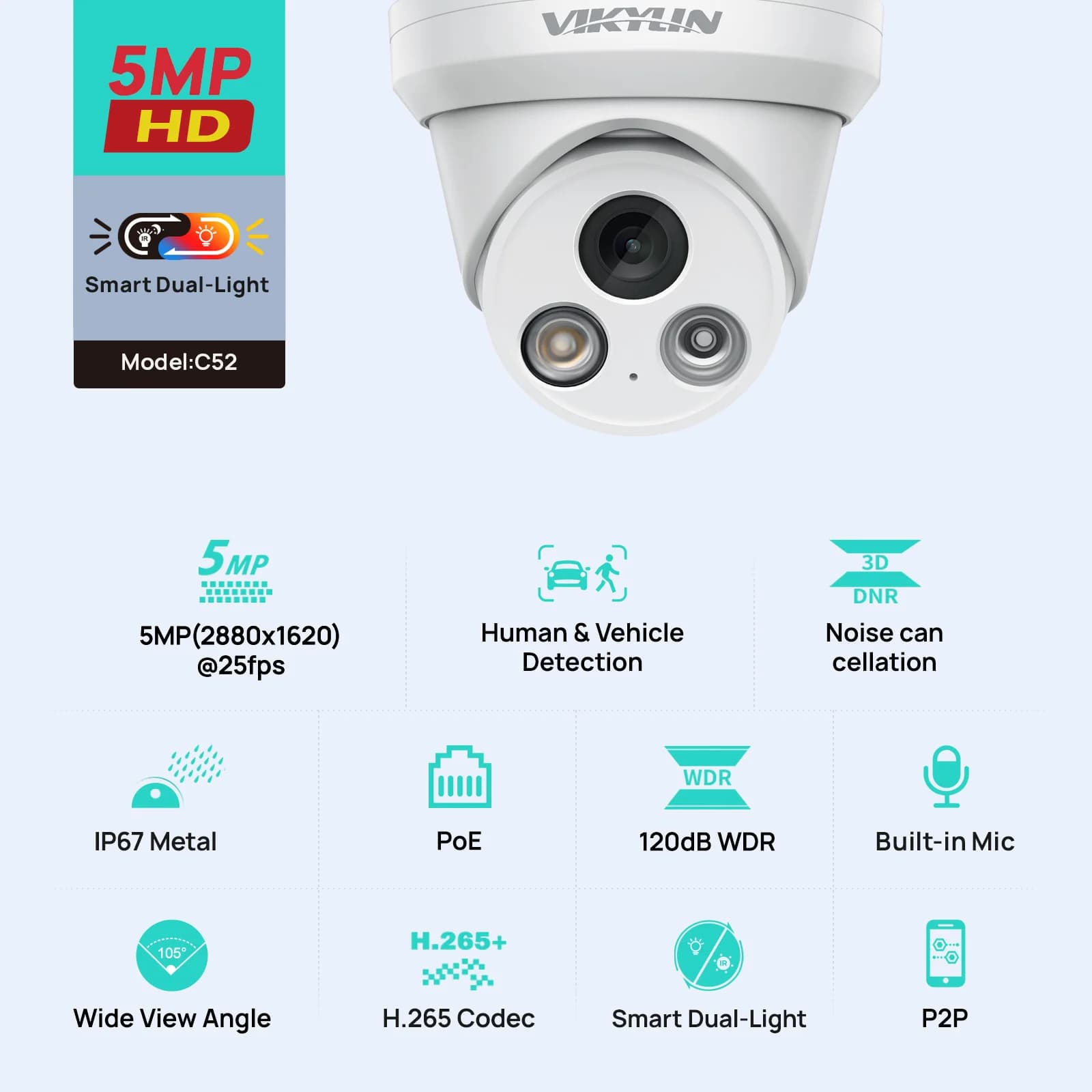 VIKYLIN 5MP Smart Dual Light IP Camera Outdoor POE H.265 Onvif Wide Angle 2.8mm Humanoid Detection Home CCTV Surveillance Camera