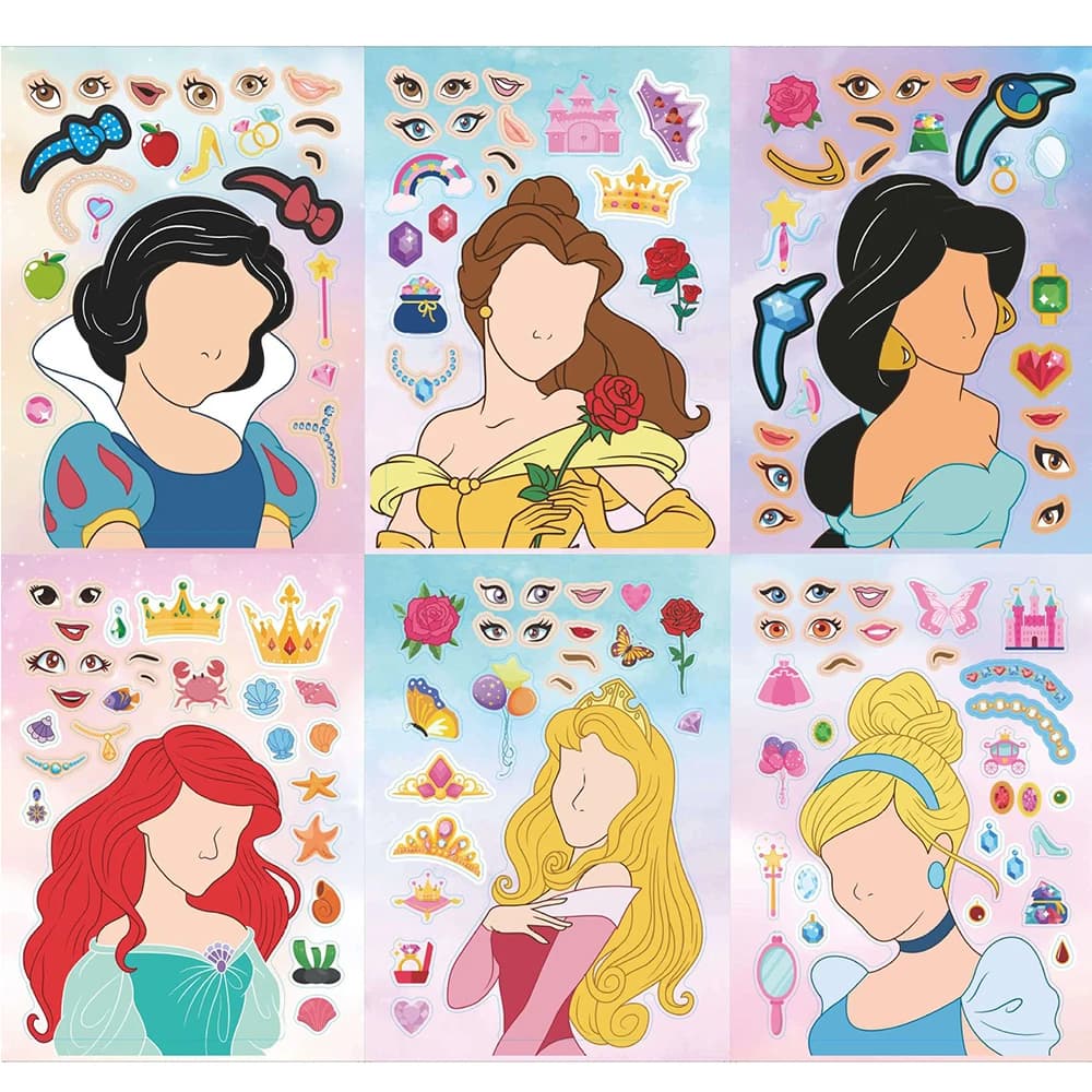 6/12 Fogli di Adesivi Puzzle Cartoon Disney con Principesse, Carini Belle e Ariel, per Creare un Viso, Gioco Educativo Fai-da-Te