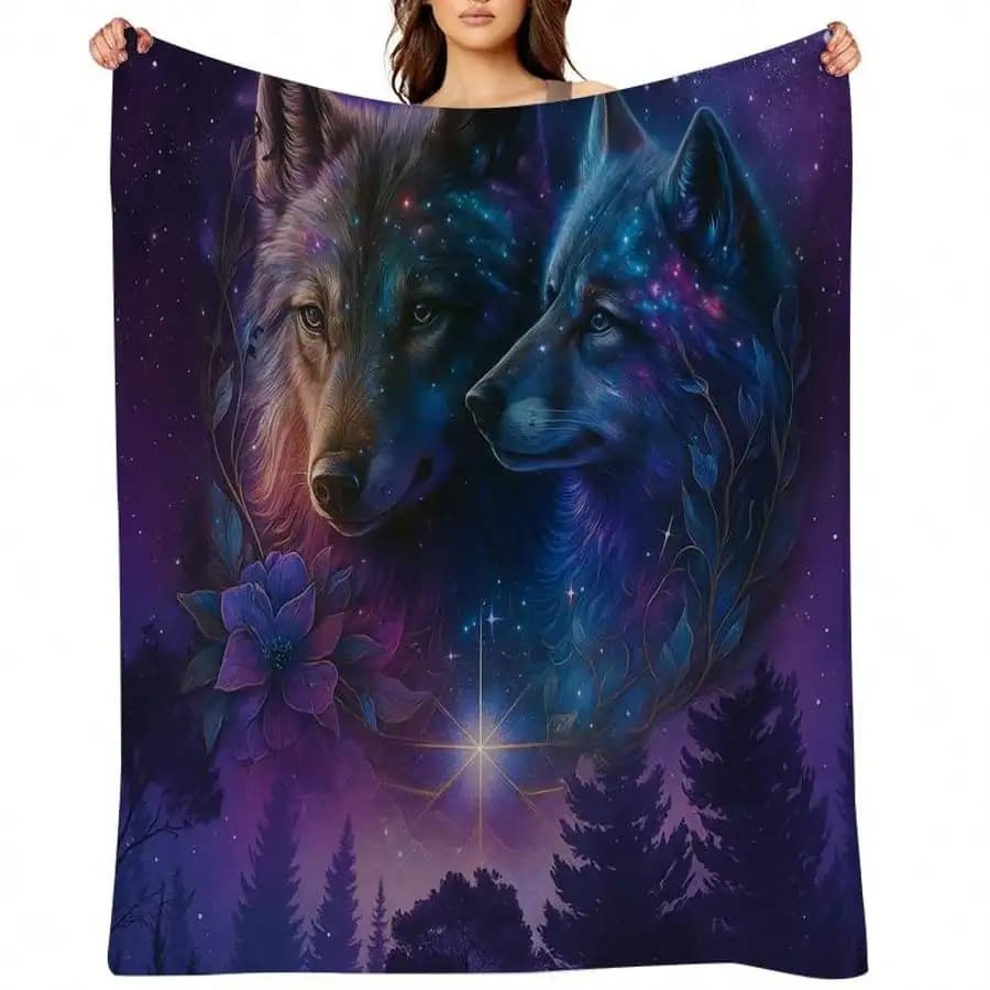 Coperta stampata in flanella con motivo Galaxy Wolf adatta a tutte le stagioni adatta per divano da ufficio e viaggi 180x250 cm