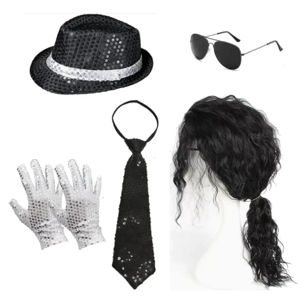 Set 5 Pezzi Costume Disco Anni '70/'80, Guanti con Paillettes, Cappello Nero, Occhiali da Sole, Cravatta, Cinturino con Paillettes per Feste di Halloween e Cosplay