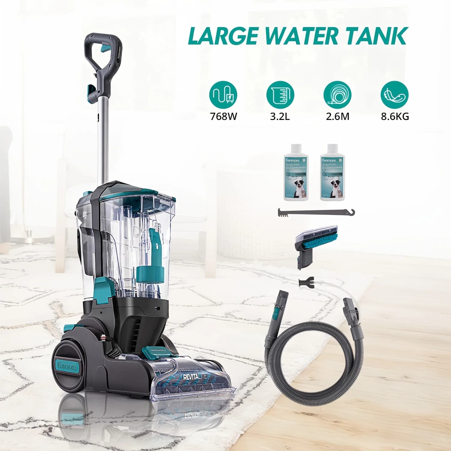 Pulitore per tappeti professionale a doppia alimentazione con spazzola rotante - Tubo da 2,4 m e testina rimovibile per la pulizia profonda di tappeti, tappezzerie e scale | Serbatoio pulito da 3,2 litri e serbatoio sporco da 1,4 litri, cavo da 25 piedi, design leggero | Include 2 accessori per utensili, 236 ml di detergente e 8 oz di formula detergente.