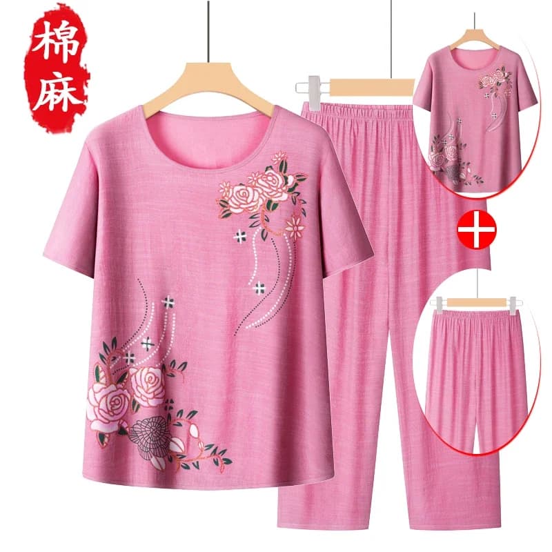 Mature Women Floral Print Cotton Linen Pajama Set Short Sleeve Loose Plus Size Summer Grandma Home Two Piece Outfit