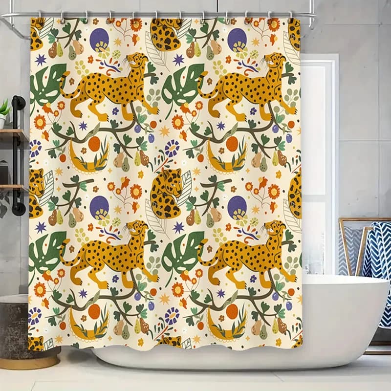 Tenda da doccia floreale leopardata esotica, lino da bagno decorativo con stampa di animali selvatici, design floreale giallo arancione rosso verde blu per Ba