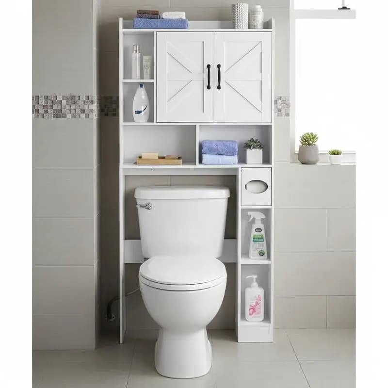 Bathroom Cabinet Organizer 66.14" For Lavatory Restroom Laundry Room, Double Door Adjustable Shelf Above Toilet Rack Open Storage Space White White Finish Multi-Tier Wood Shelving Unit