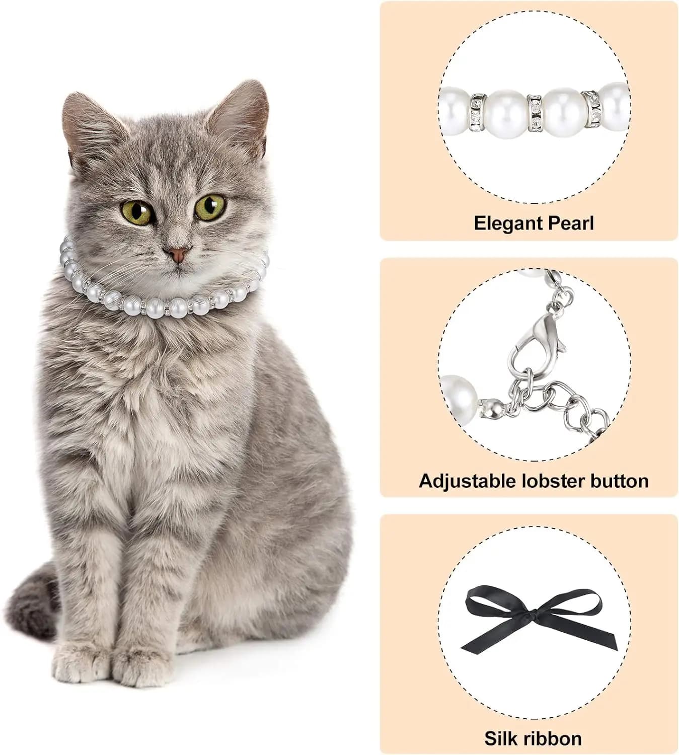 TONG Collare per gatti con perline di perle simulate Ciondoli carini Collana per animali domestici regolabile Decorazione con nastro Bowknot Accessori per cani Collari da principessa