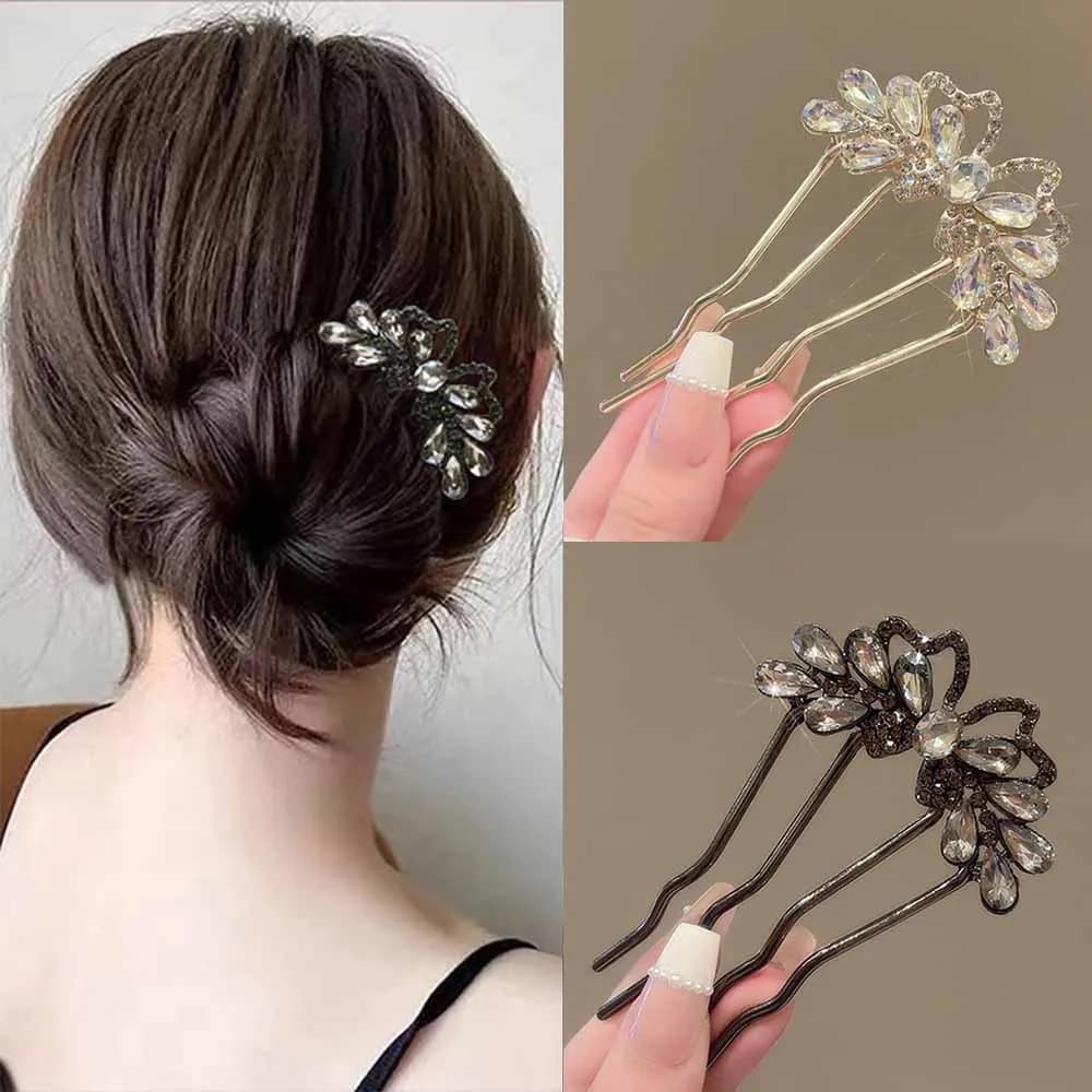 Fermagli per capelli a forma di U con strass alla moda, forcine a farfalla per chignon da donna, pettini per Hanfu, fermagli in metallo, accessori per capelli, forcine.