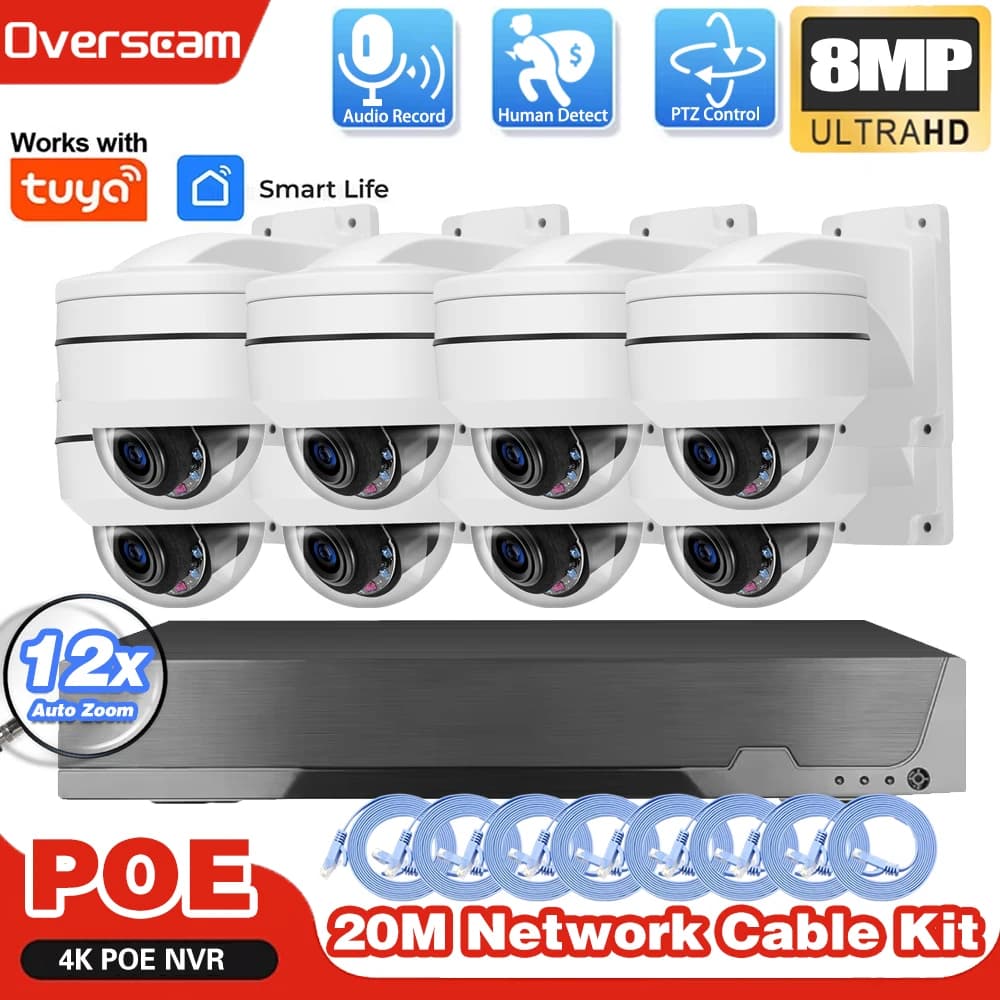 Smart 8MP Tuya POE Monitoring System 12X PTZ Zoom 4K Audio CCTV POE AI Security IP Camera 8CH P2P NVR Video Security Kit