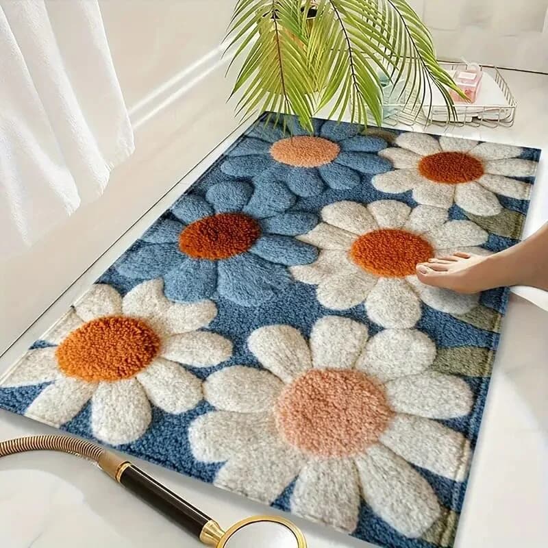 VIKAMA 3D Small Daisy Bathroom Mat, Non-slip Water-absorbent Door Mat for Bathrooms, Kitchen & Bedroom Rug, Home Decor