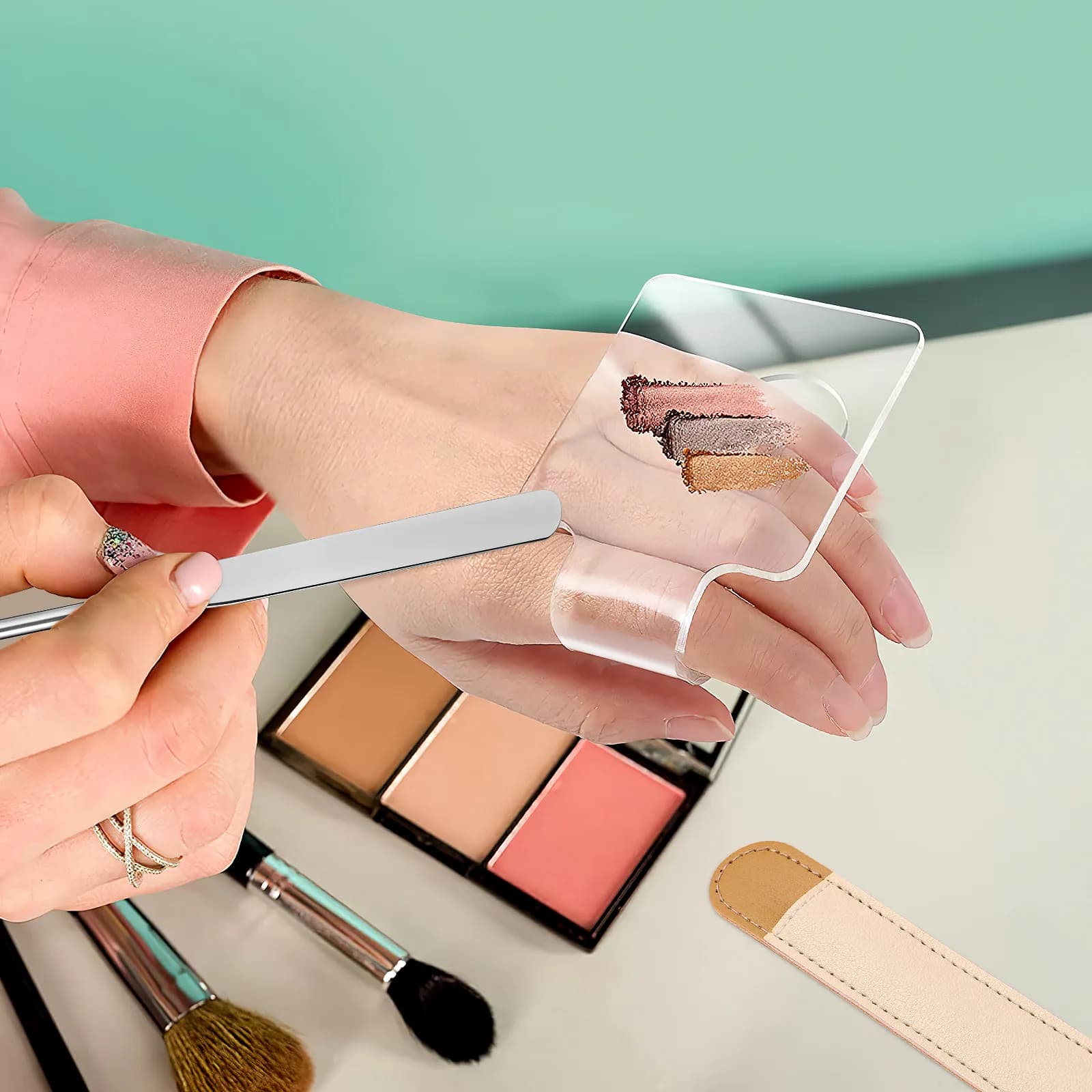 Kits for mixing make-up, portable acrylic table for foundation, creams, liquids, stainless steel spatula included
