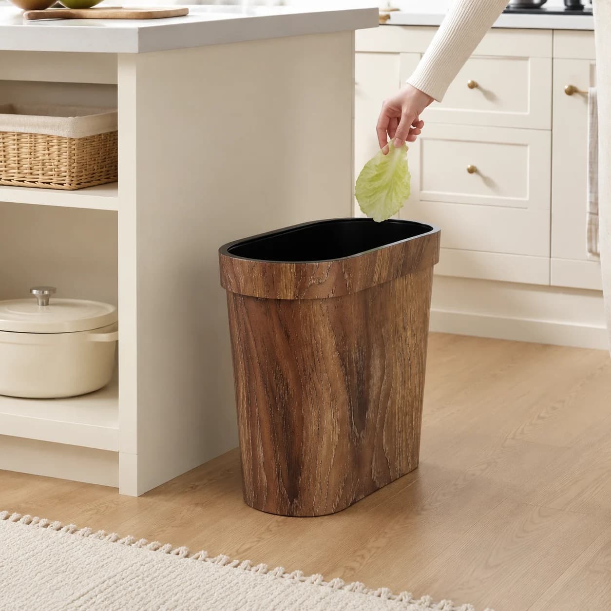 Space Saving Wood Texture Trash Bin, Press Ring Secures Garbage Bags, Slim Waste Basket for Small Corners