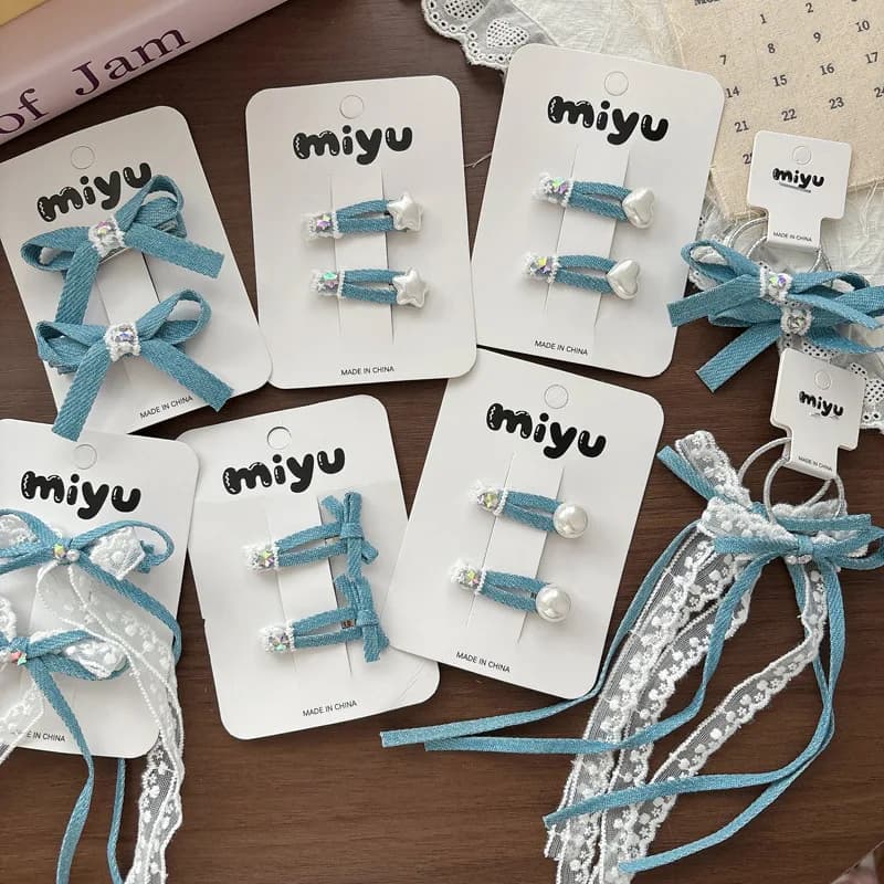 Fermagli per capelli in denim con fiocco in pizzo e perle, fermagli BB versatili per ragazze adolescenti, accessori per acconciature quotidiane