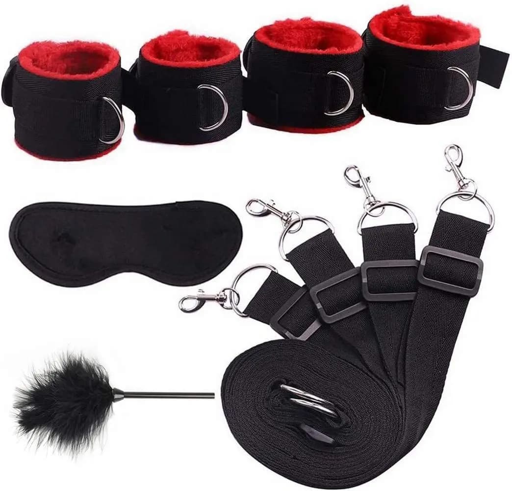 Restrizioni sessuali Manette erotiche Letto Bondage Kit Giocattoli Sesso per adulti S&M Giochi fetish Polsini alla caviglia Schiavo Fasciatura Eye Blinder Sextoy Set