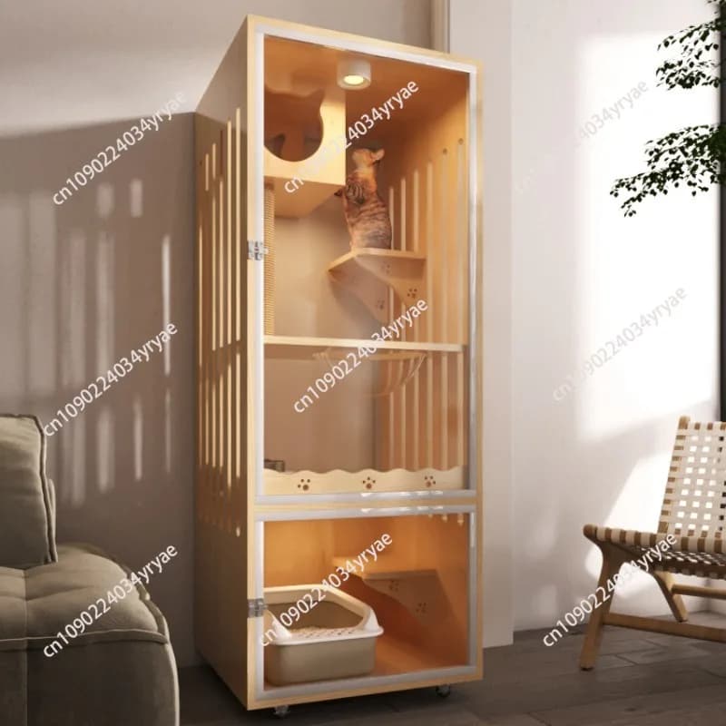 Solid wood cage villa indoor independent litter box cage house double storey cat nest cat room pet cat
