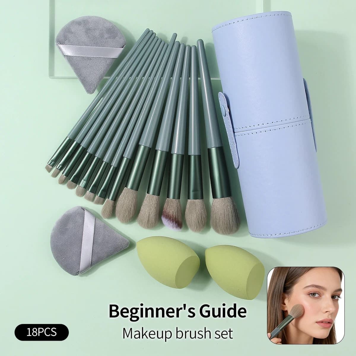 Set di 18 Pennelli per Trucco Portatili e Pratici - Set di Pennelli per il Viso + Spugna Morbida per Trucco/Tampone Assorbente + Contenitore per la Conservazione