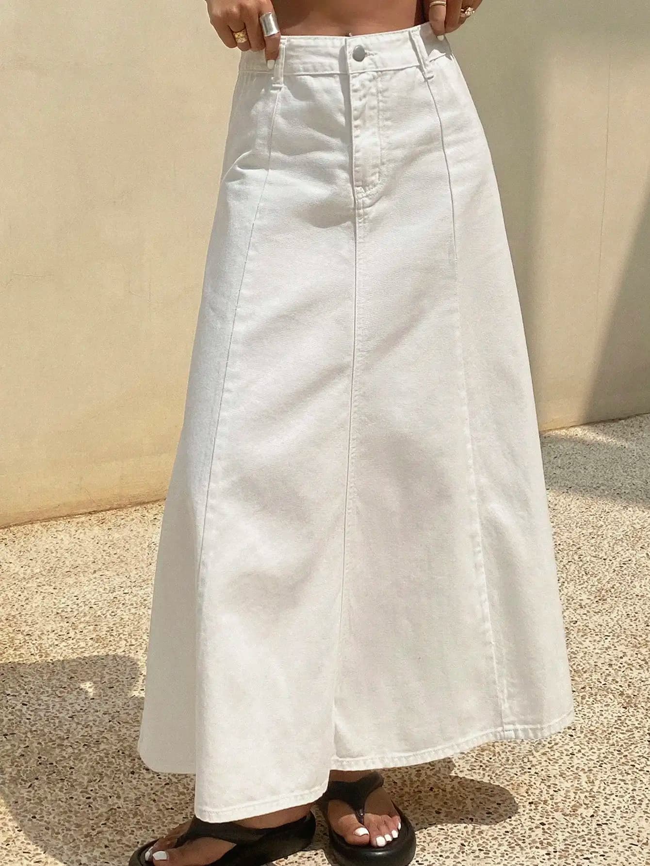 White High-Waisted Pleated Long Denim Skirt for Women, Casual Loose Fit